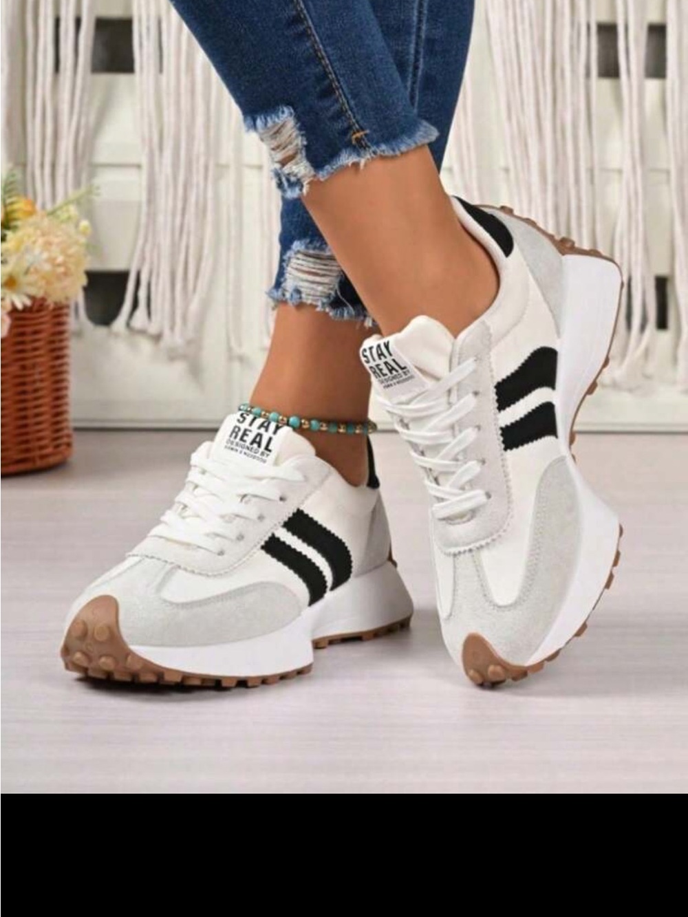 Stay Real Women's White & Black Retro Runner Sneakers
